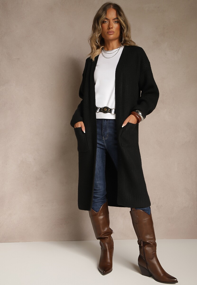 Czarny Długi Kardigan Niezapinany z Bawełną Ferrive