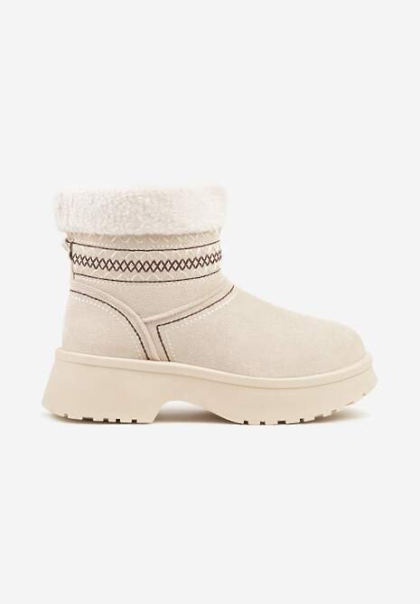 Beżowe Krótkie Śniegowce Wsuwane z Haftem i Futerkiem przy Cholewce Miovadia