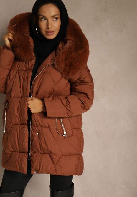 Brązowa Pudełkowa Kurtka Pikowana Ozdobiona Odpinanym Futerkiem i Suwakiem Hedizelle