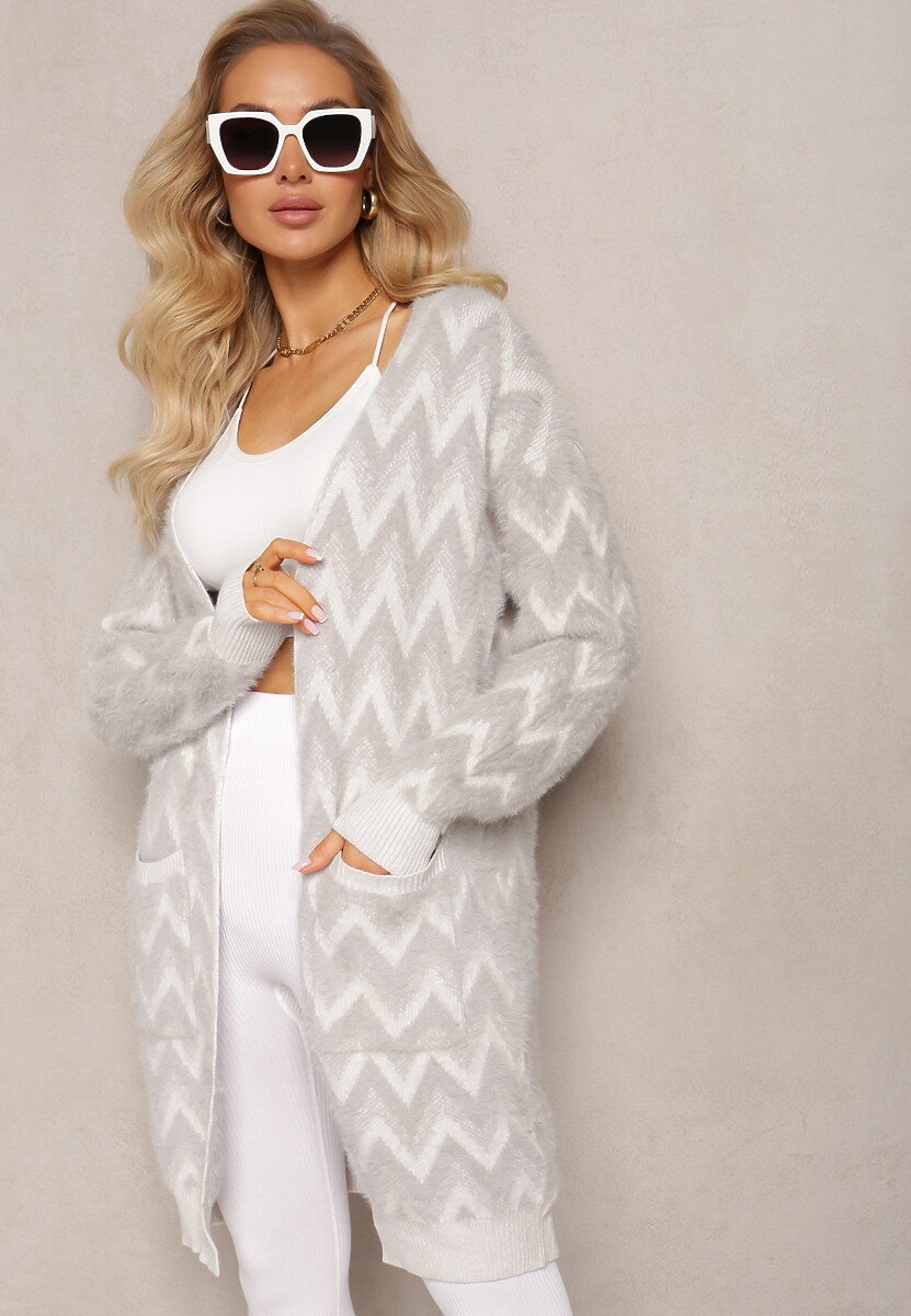 Różowy Niezapinany Kardigan o Przedłużonym Fasonie w Zygzaki Chevron Oherna