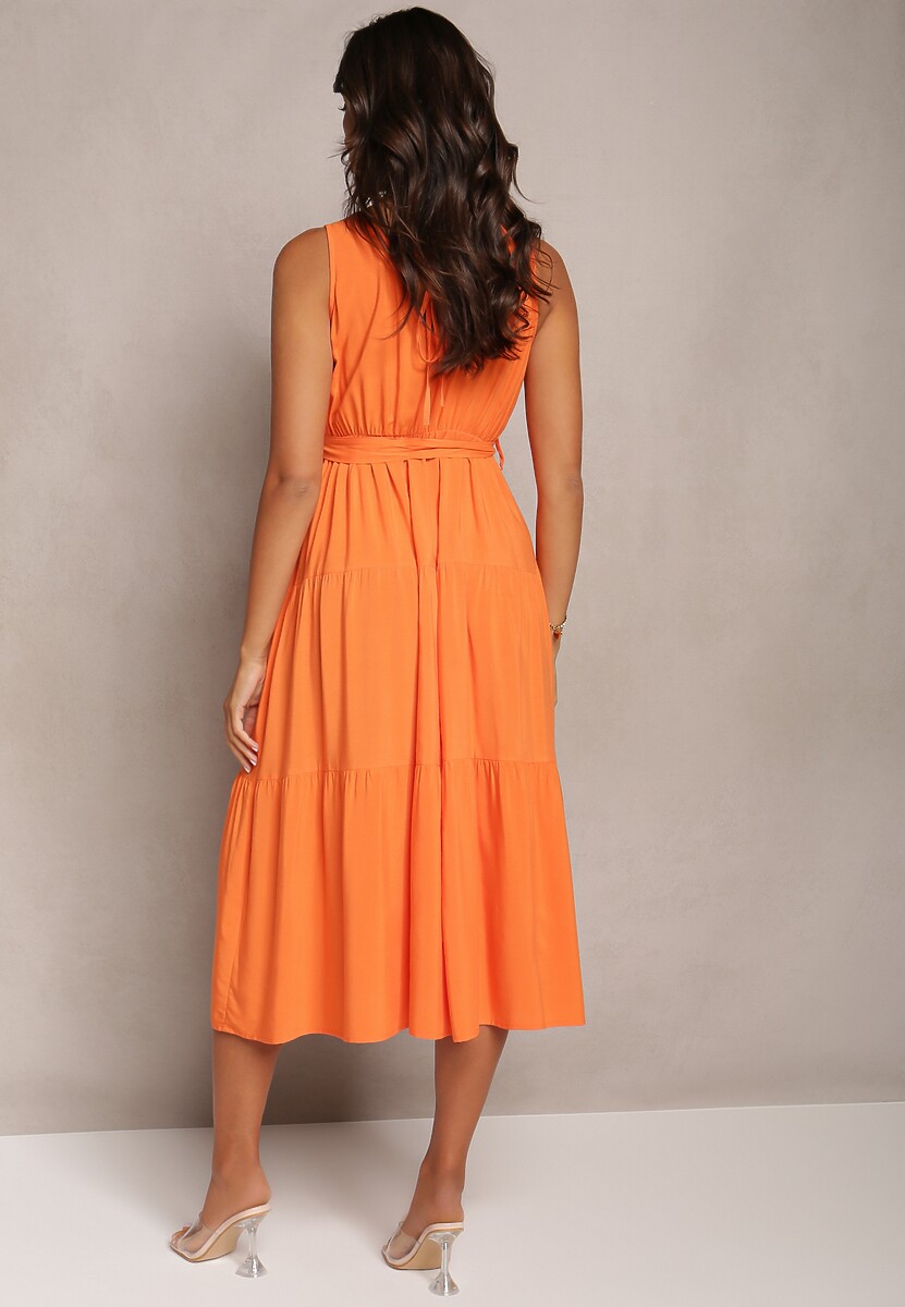 Pomarańczowa Wiązana Sukienka Midi bez Rękawów z Gumką w Talii Mideyo
