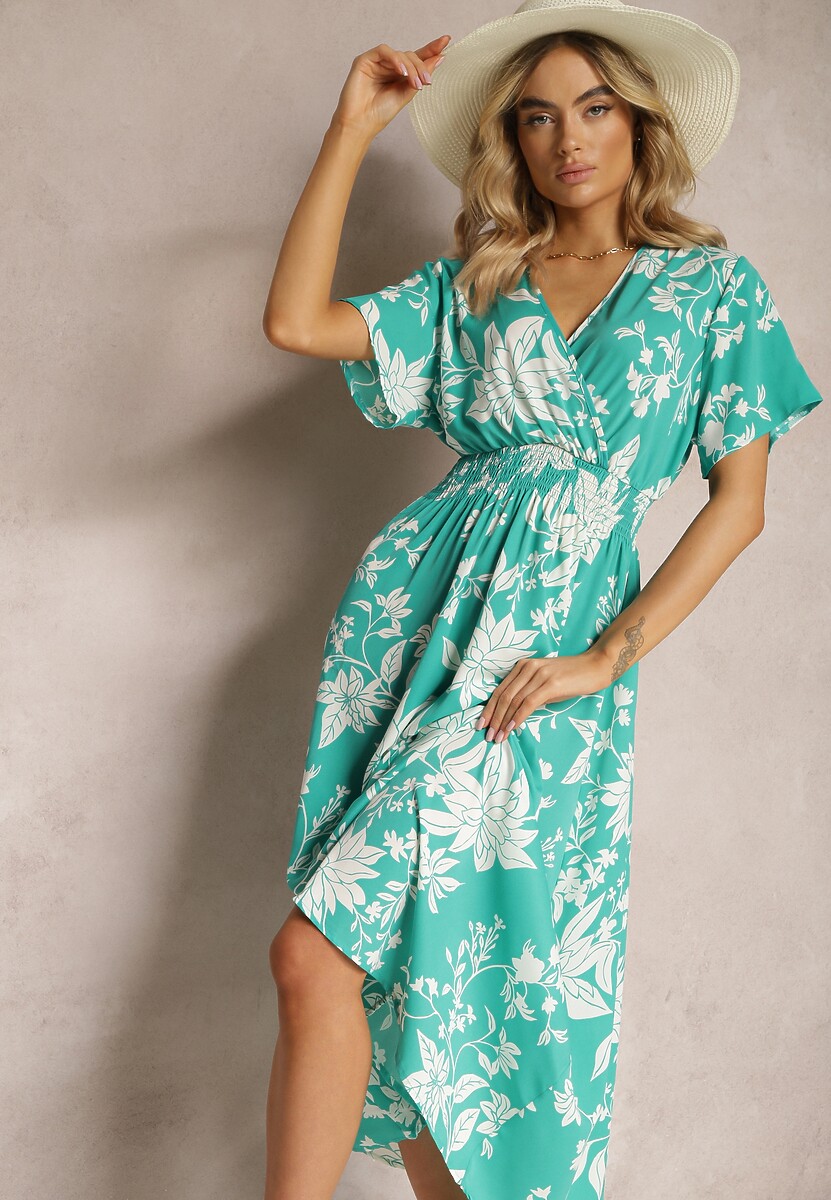 Pomarańczowo-Biała Rozkloszowana Sukienka Kopertowa z Kwiatowym Wzorem Mareal