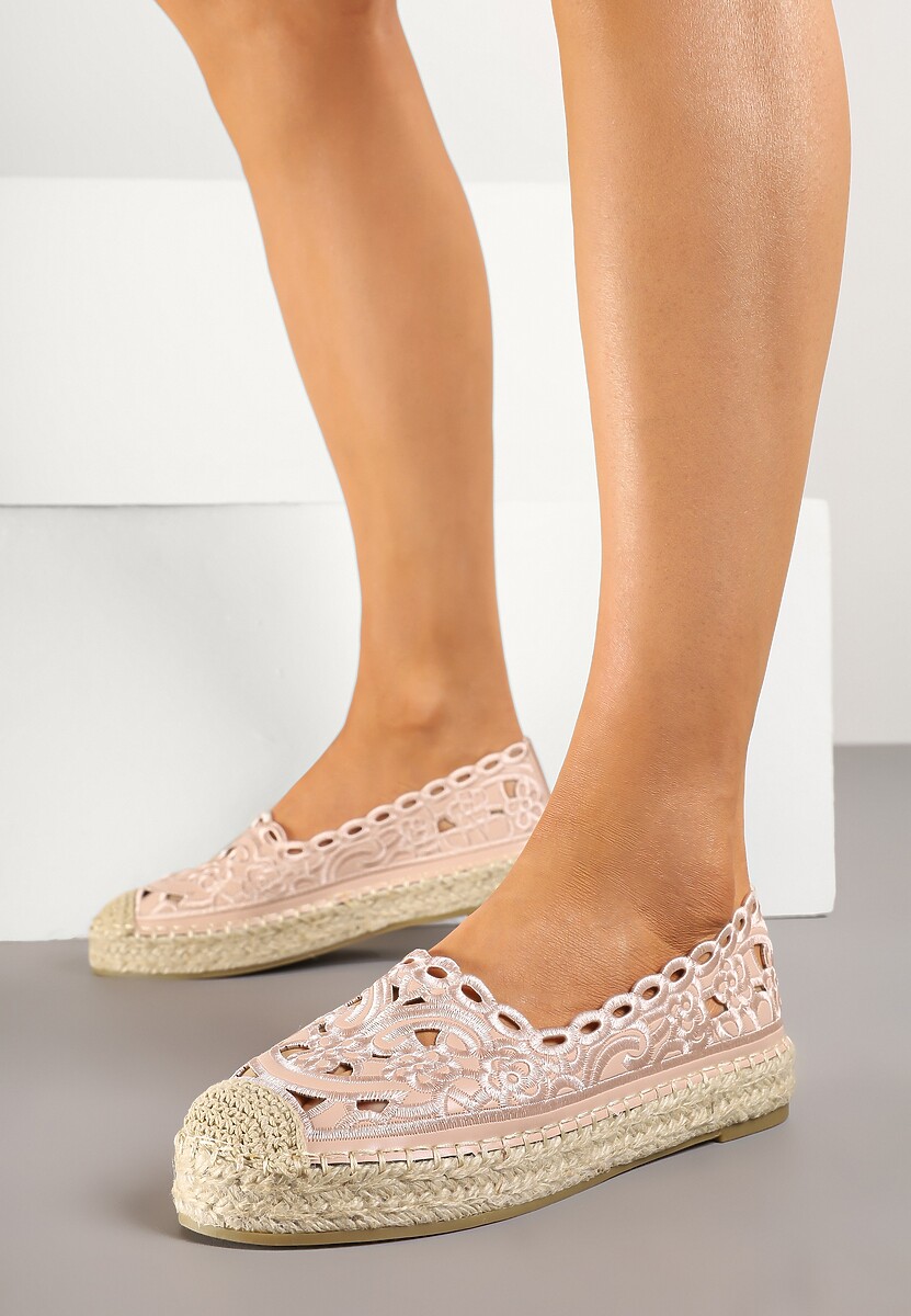 Różowe Ażurowe Espadryle Zdobione Plecionką i Koronką Nelariss