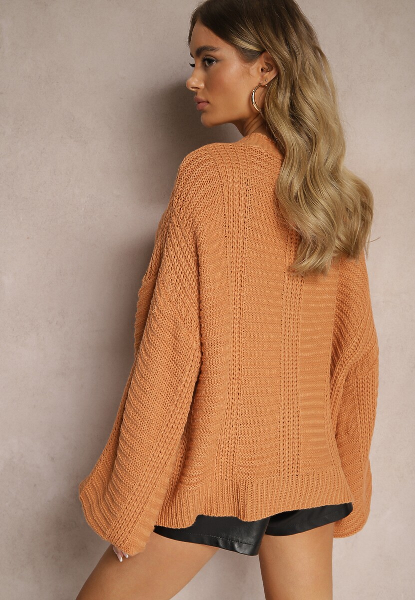 Ciemnobeżowy Kardigan z Dodatkiem Wiskozy Wykończony Guzikami Tłoczeniem i Ściągaczem Fizora