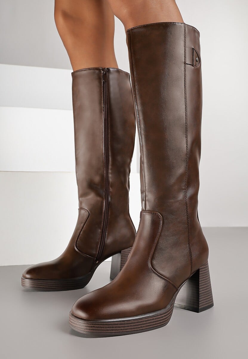 Brązowe Kozaki na Platformie i Słupku z Lekkim Ociepleniem Hanissea