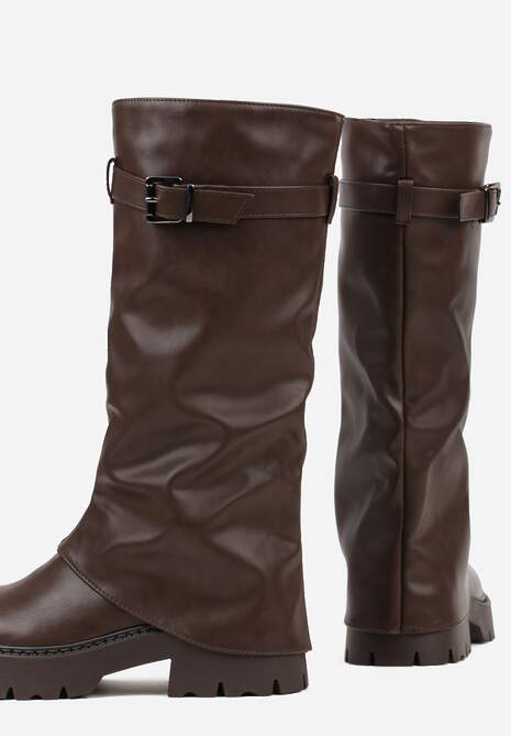 Ciemnobrązowe Kozaki VICES z Marszczoną Cholewką Imitującą Nogawkę ze Sprzączką Valles