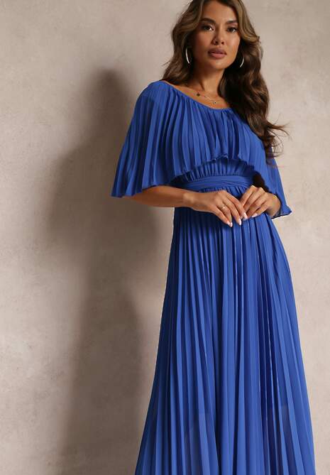 Granatowa Plisowana Sukienka z Gumką w Pasie z Falbaną Przy Dekolcie Drenia