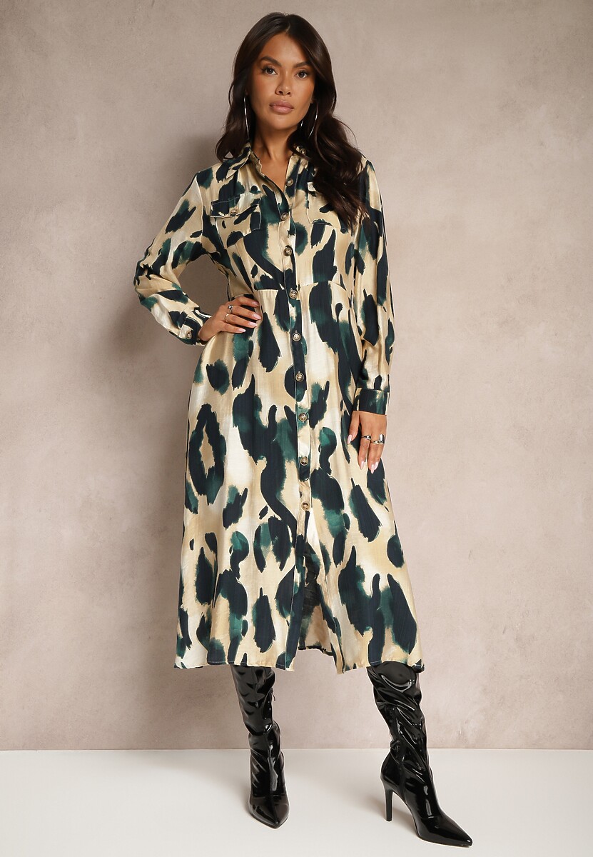 Zielono-Beżowa Wzorzysta Sukienka o Koszulowym Kroju z Paskiem z Plecionki Mirirani