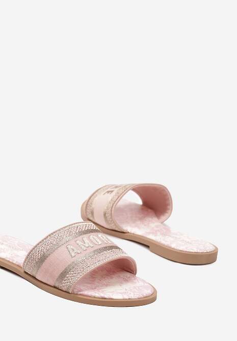 Różowe Klapki na Płaskiej Podeszwie z Wkładką z Imitacji Skóry i Metaliczną Nicią Muricella