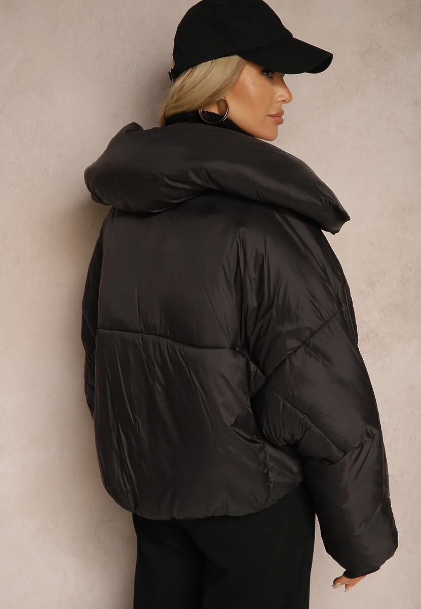 Czarna Nietoperzowa Kurtka z Szerokim Kołnierzem i Ściągaczami Neavirae