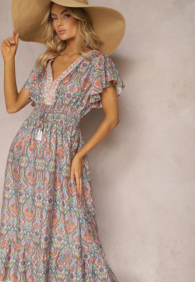 Pomarańczowo-Niebieska Rozkloszowana Sukienka w Etniczny Wzór z Krótkim Rękawem i Gumką w Pasie Zorisa