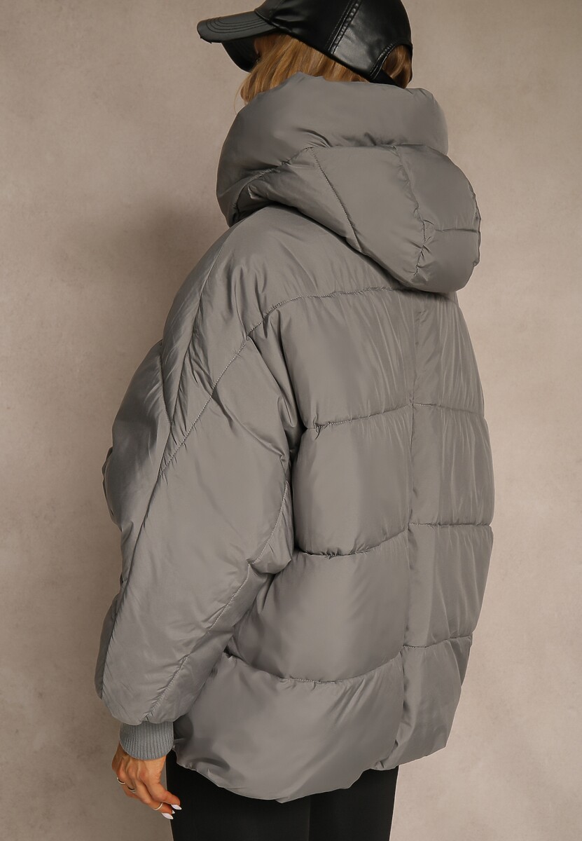 Szara Oversizowa Kurtka Puffer z Kaputrem Mevenassa