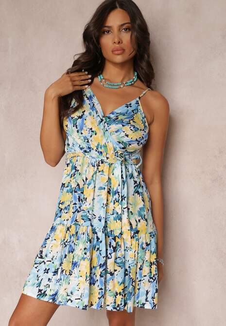 Niebieska Wiskozowa Sukienka Mini na Cienkich Ramiączkach z Gumką w Talii Karatta