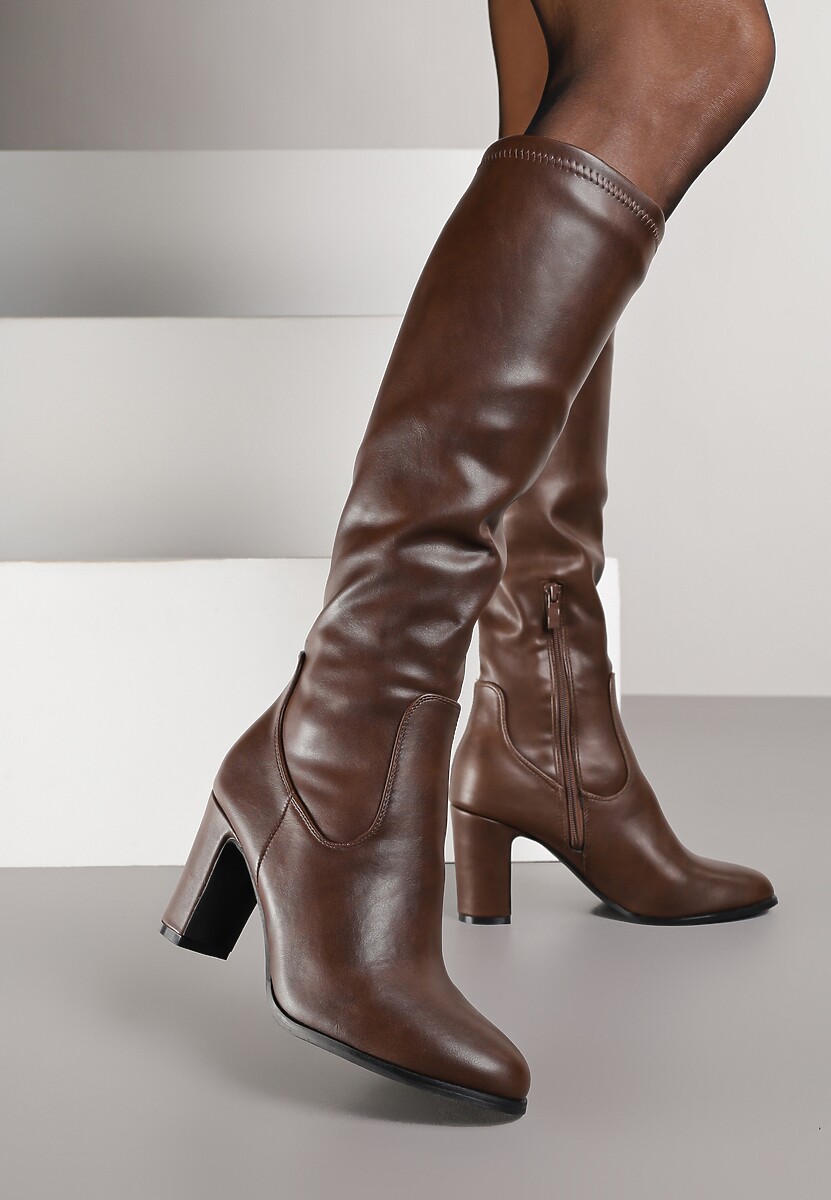 Brązowe Kozaki na Słupku z Przylegającą Cholewką Alovire