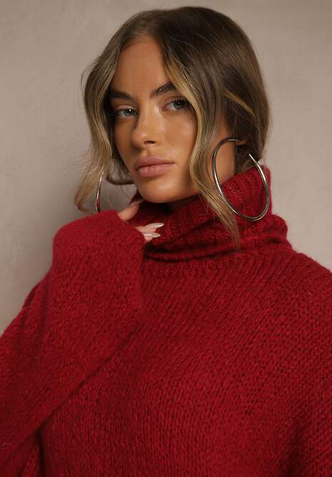 Bordowy Golf o Kroju Oversize z Wełną i Moherem Temirali