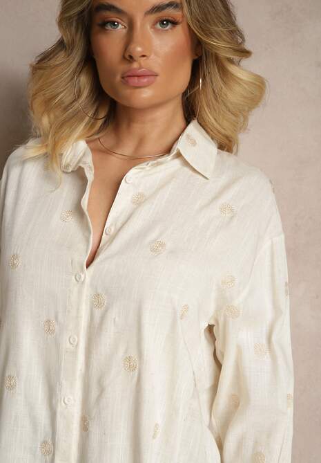 Beżowa Koszula z Lnem Wiskozą i Haftowanym Wzorem Lisarielis