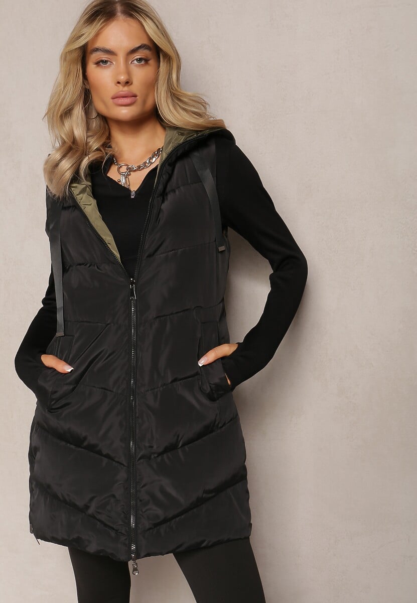 Czarna Długa Kamizelka Pikowana Dwustronna ze Sznurkami przy Kapturze Frenila