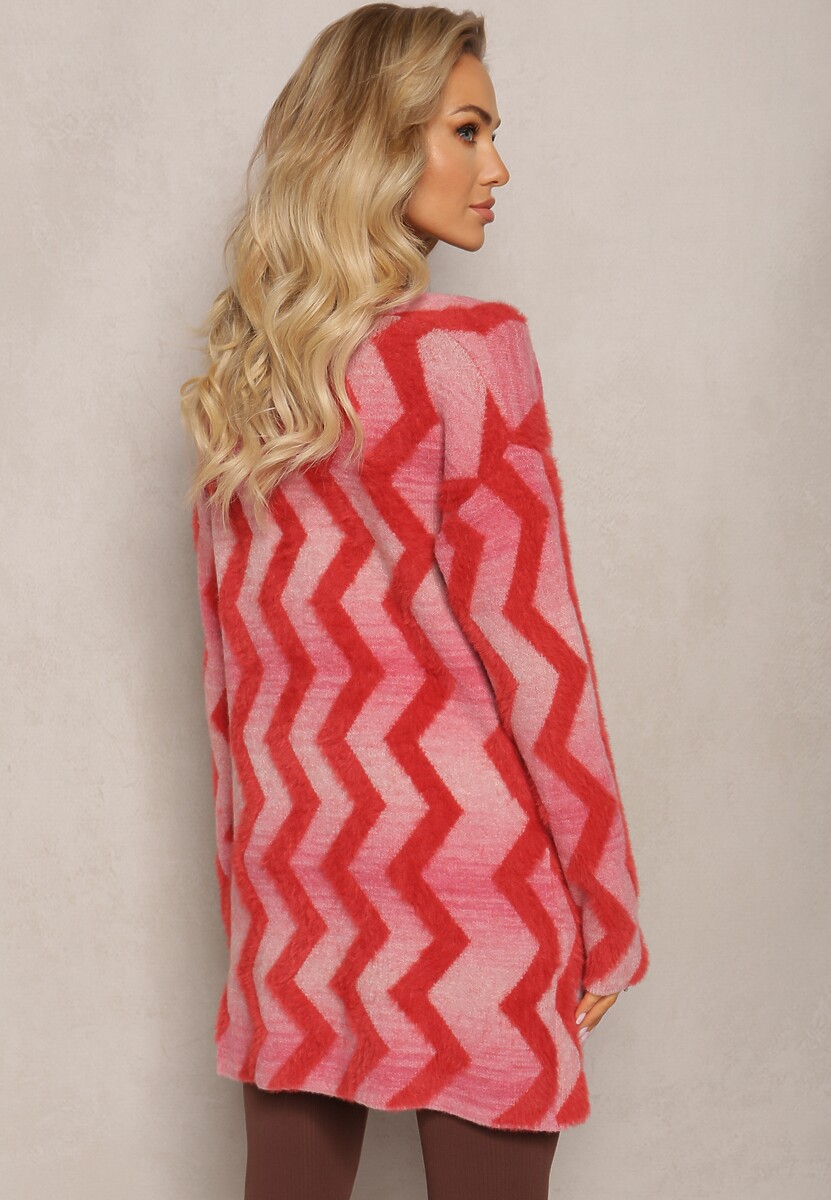 Czerwony Luźny Kardigan Niezapinany w Geometryczny Print Sheshy