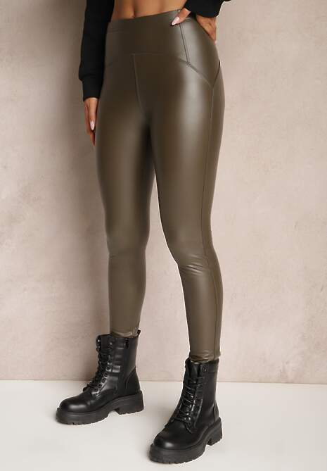 Ciemnozielone Legginsy Push Up z Ekoskóry Sialo