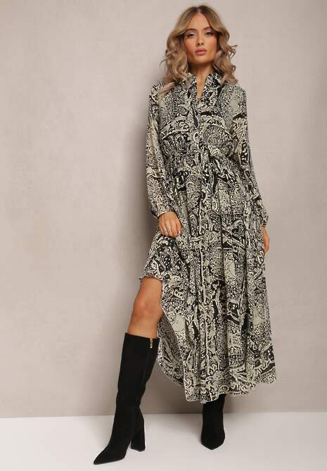 Beżowo-Czarna Sukienka Rozkloszowana z Wiązanym Paskiem Blerore