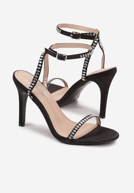 Czarne Sandały na Wysokiej Szpilce z Cyrkoniami Kalisa