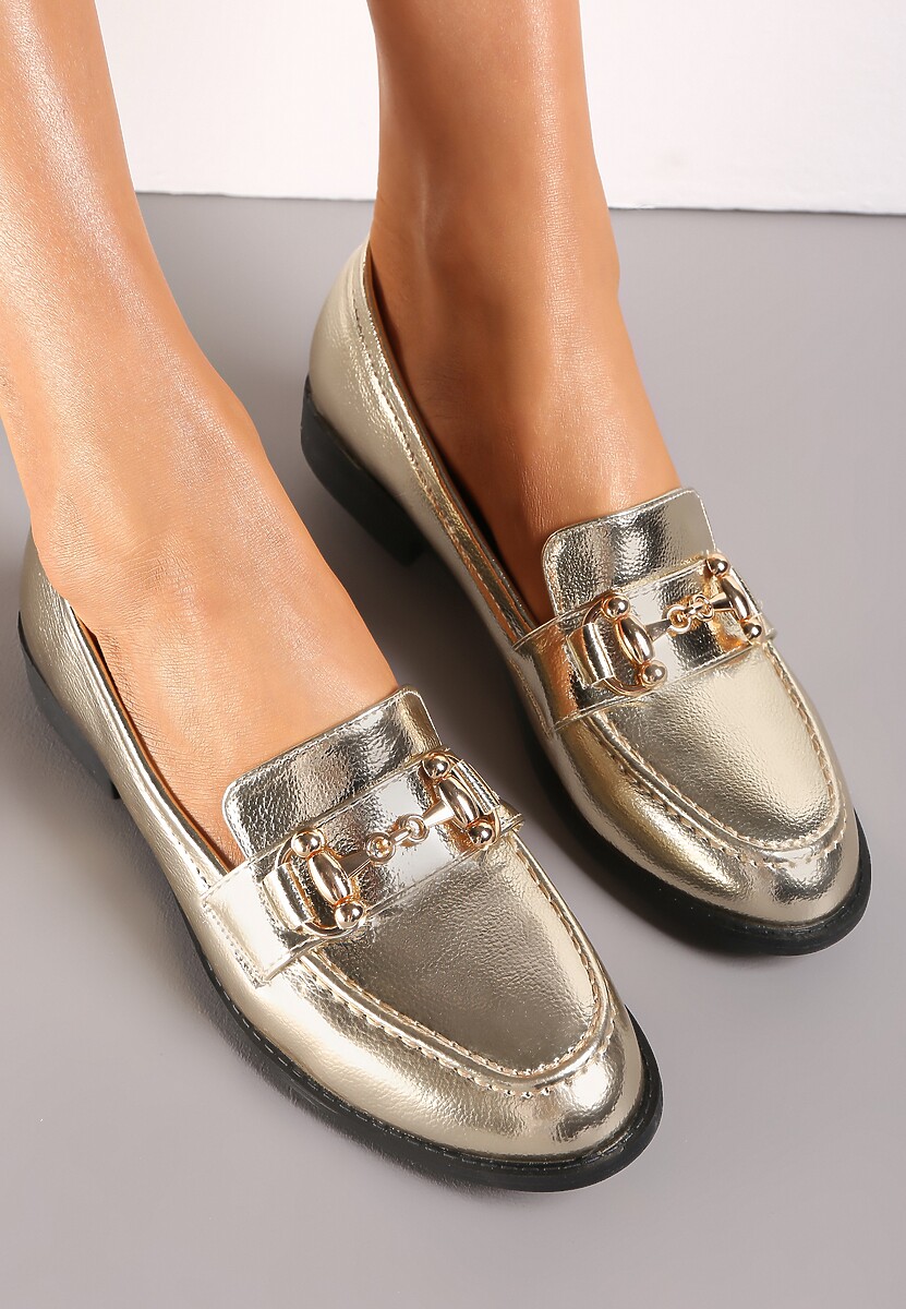 Złote Mokasyny z Cholewką przed Kostkę i Ozdobnym Paskiem Haeven