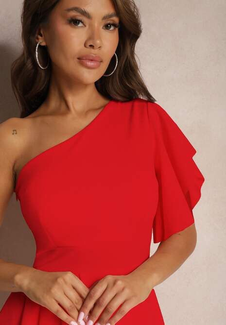 Czerwona Asymetryczna Sukienka Wieczorowa na Jedno Ramię Ozdobiona Falbankami Vimasira