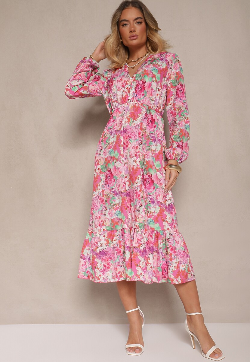 Różowa Sukienka w Kwiatowy Print o Rozkloszowanym Kroju z Dekoltem w Serek Janellia