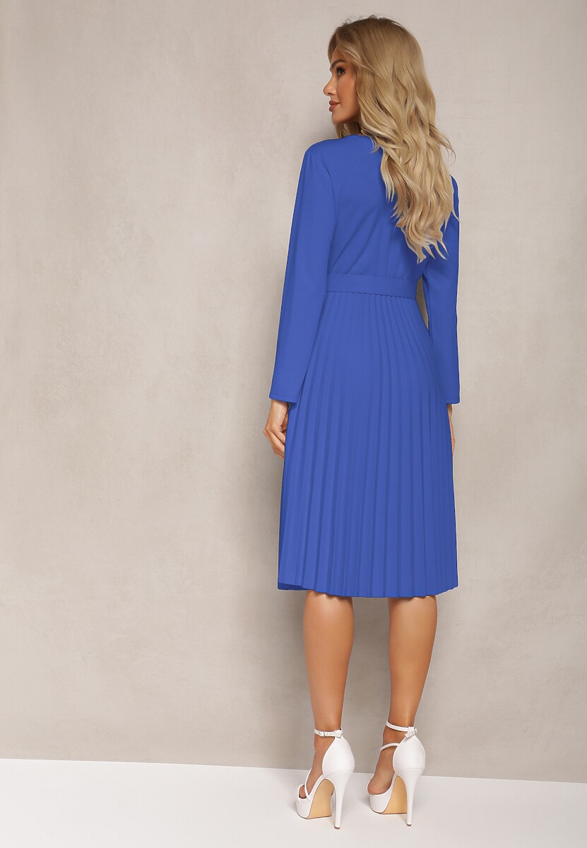 Granatowa Plisowana Sukienka Midi z Paskiem w Talii Pailomena