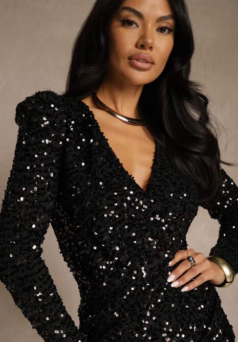 Czarna Dopasowana Sukienka z Dekoltem w Serek Zdobiona Cekinami Liweda