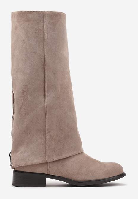 Ciemnobeżowe Ekozamszowe Kozaki na Płaskiej Podeszwie z Cholewką Imitującą Nogawkę Realeira