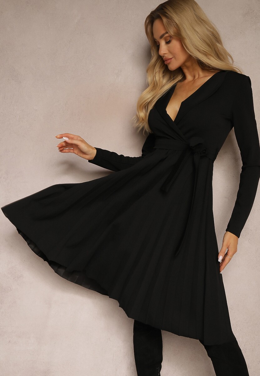 Zielona Plisowana Midi Sukienka z Kopertowym Dekoltem i Paskiem Materiałowym w Talii Keviana