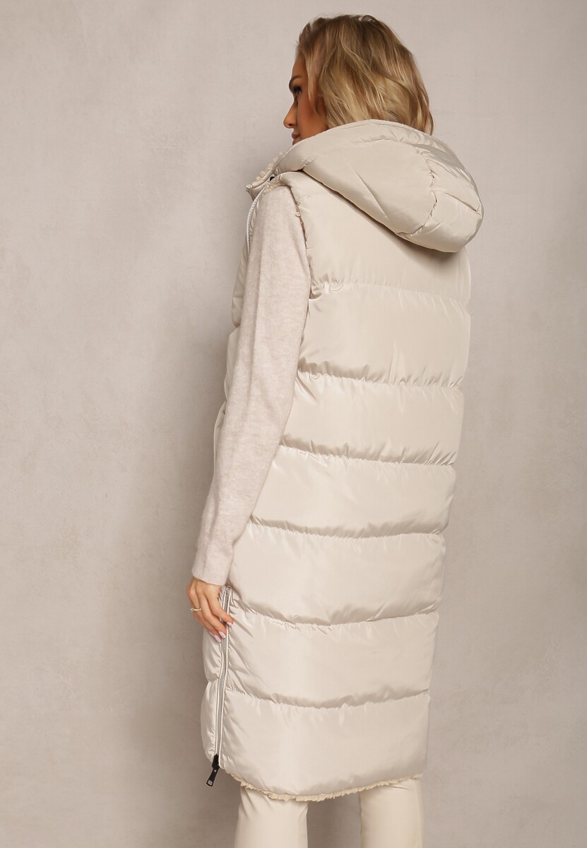 Jasnobeżowa Dwustronna Kamizelka Pikowana z Futerkiem Madalan