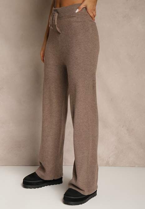 Brązowy Komplet z Dzianiny z Wełną Długi Kardigan Kamizelka i Spodnie Netivia