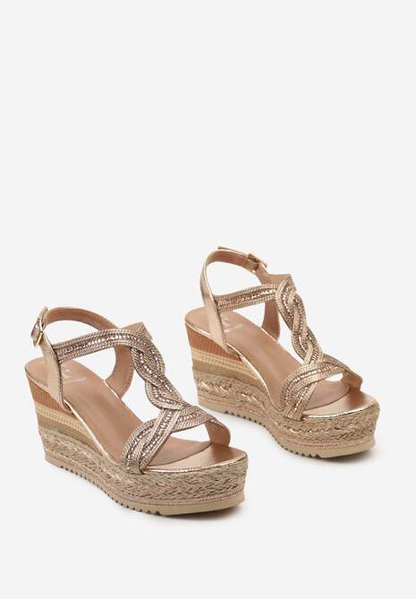 Szampańskie Sandały na Podeszwie i Koturnie z Plecionki Ozdobione Cyrkoniami Perallia
