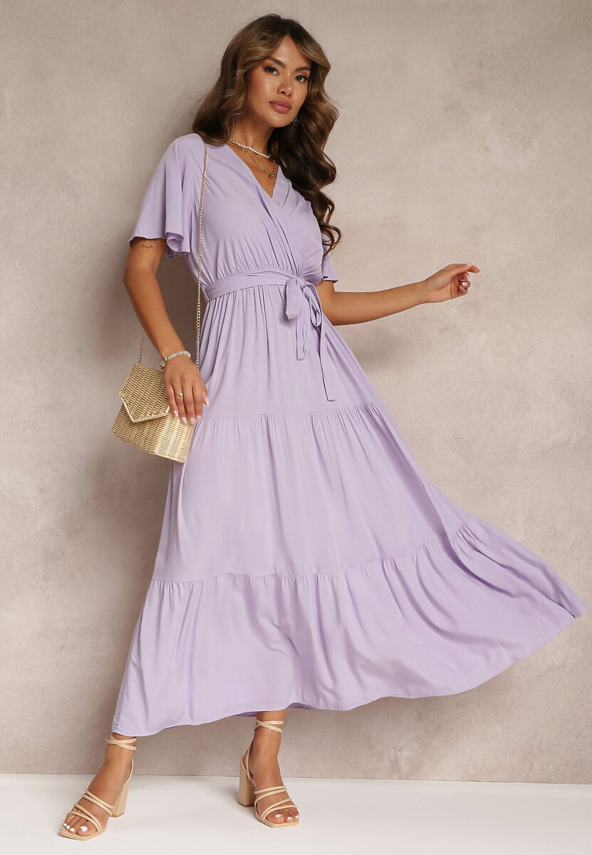 Czerwona Rozkloszowana Sukienka z Falbanką i Wiązanym Paskiem Adotine