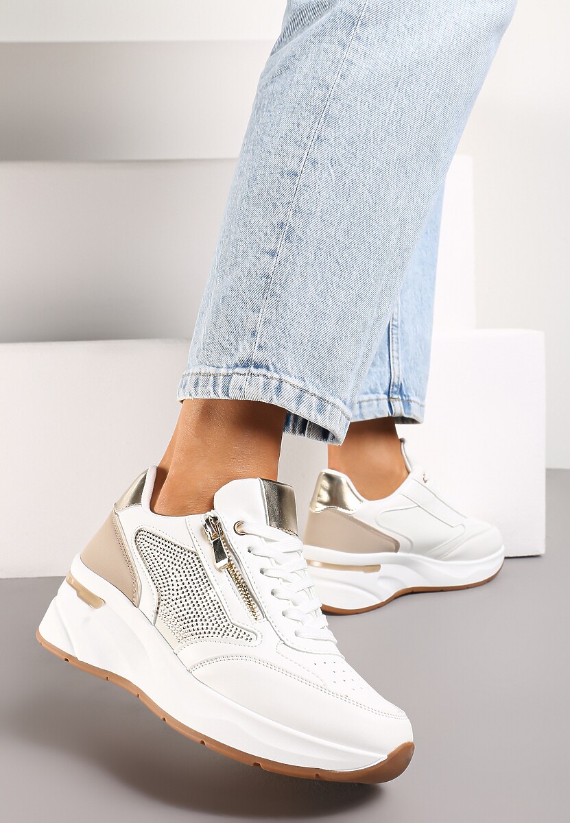 Biało-Beżowe Sneakersy Ozdobione Cyrkoniami i Suwakiem na Grubej Podeszwie Migenna