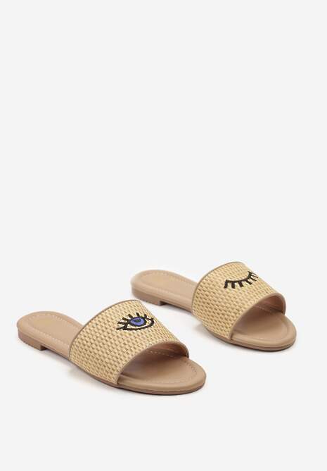 Ciemnobeżowe Klapki Ozdobione Haftem w Kształcie Oczu i Plecionką Naruka
