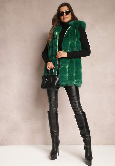 Zielona Futrzana Kamizelka z Kapturem Konessa