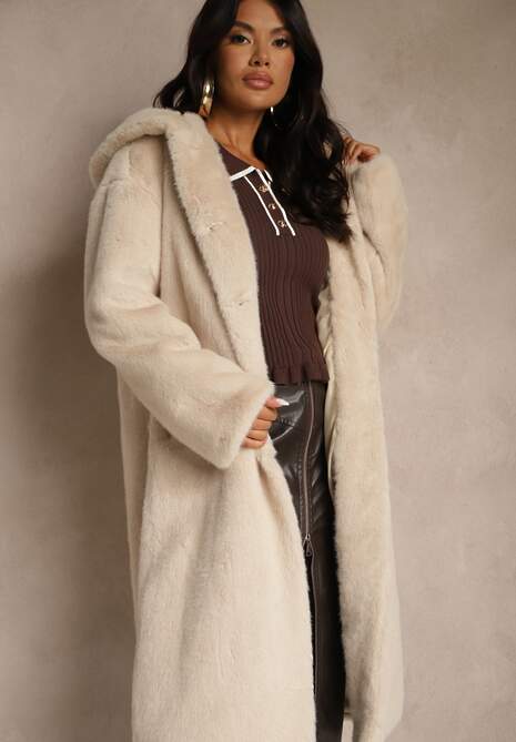 Beżowy Płaszcz z Pluszowego Futerka z Kapturem Zereva