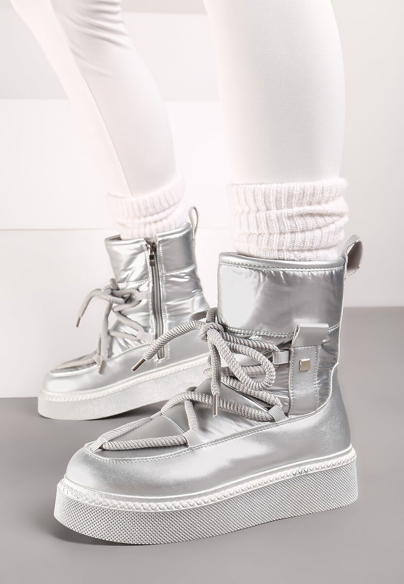 Srebrne Śniegowce na Platformie ze Sznurowaniem Tirilissa