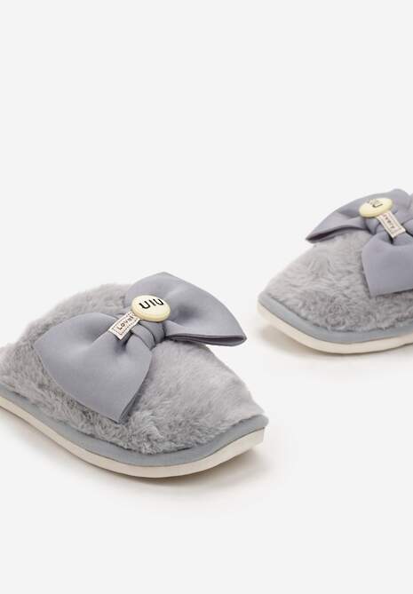 Szare Kapcie z Miękkiego Futerka Ozdobione Kokardą Adeltta