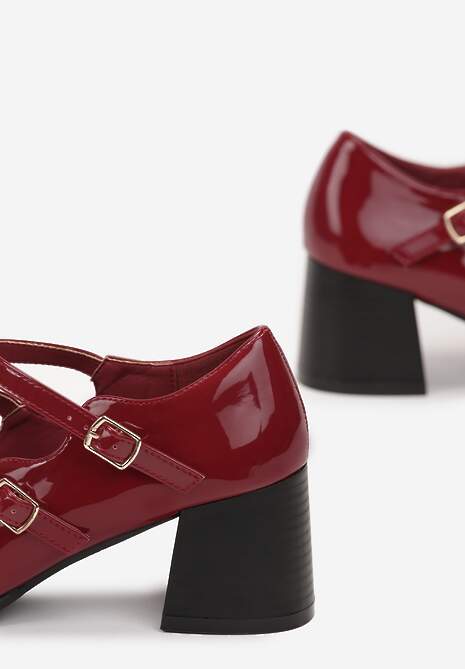 Bordowe Lakierowane Czółenka Zapinane na Dwa Paski Heleo