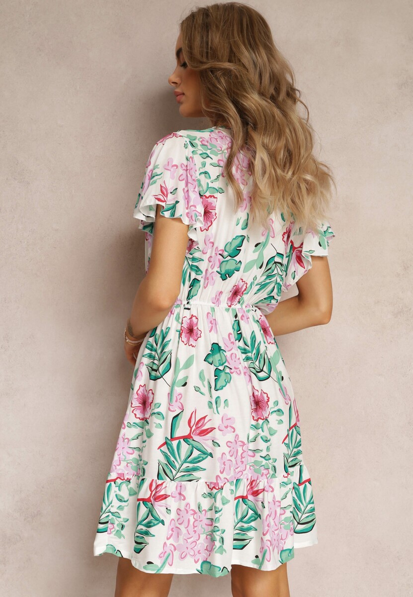 Biała Wiskozowa Sukienka Mini z Gumką w Talii i Kopertowym Dekoltem w Kwiaty Eleagnecca