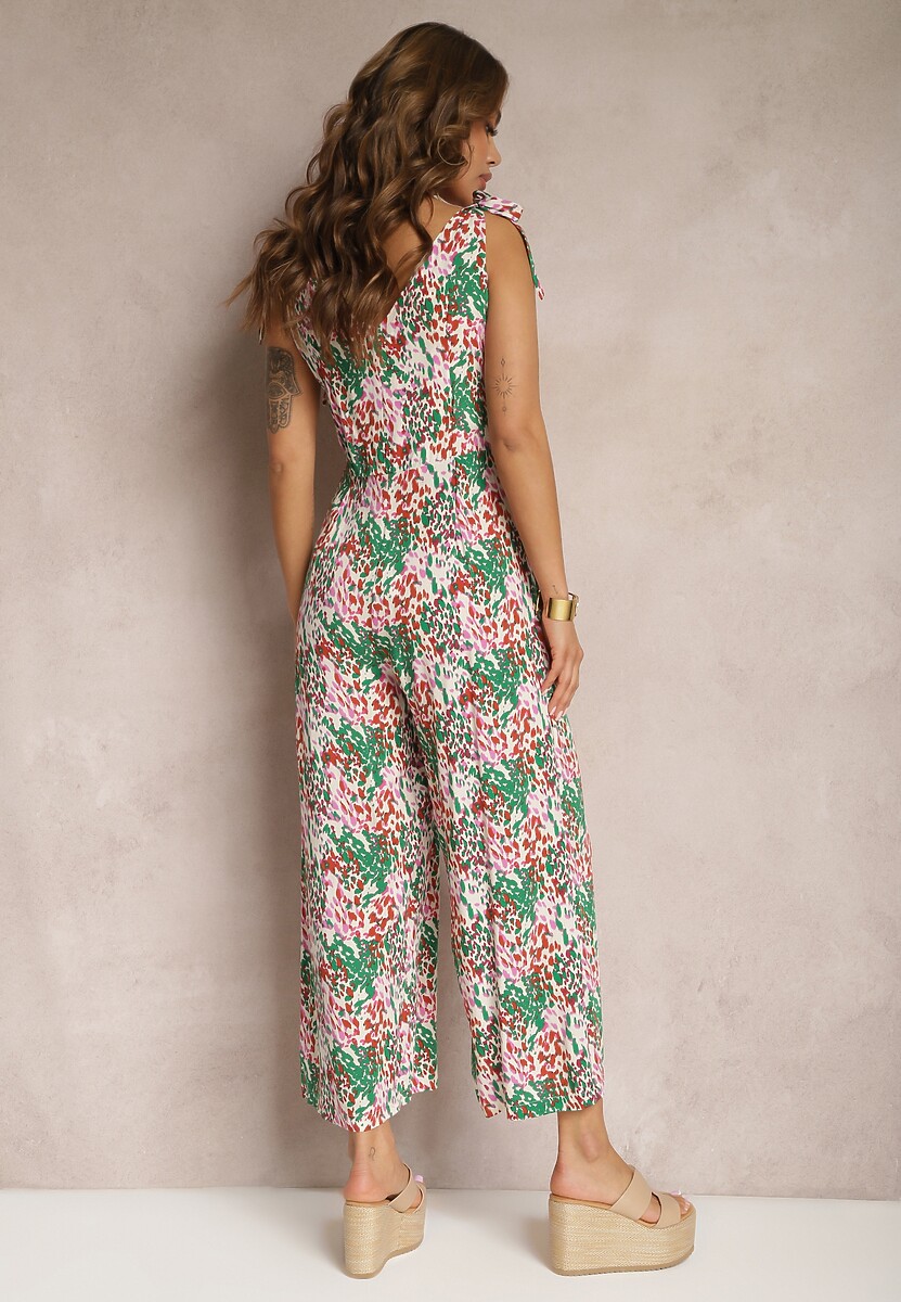 Zielony Długi Kombinezon z Wiązanymi Ramiączkami Ozdobiony Mozaikowym Wzorem Jarnsaxa