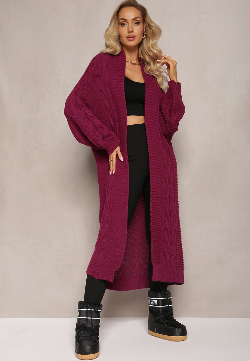 Ciemnofioletowy Długi Kardigan z Ozdobnym Szerokim Splotem Havsana