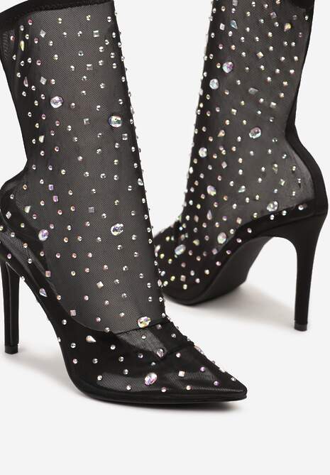 Czarne Eleganckie Botki na Szpilce z Transparentną Cholewką i Cyrkoniami Felimora