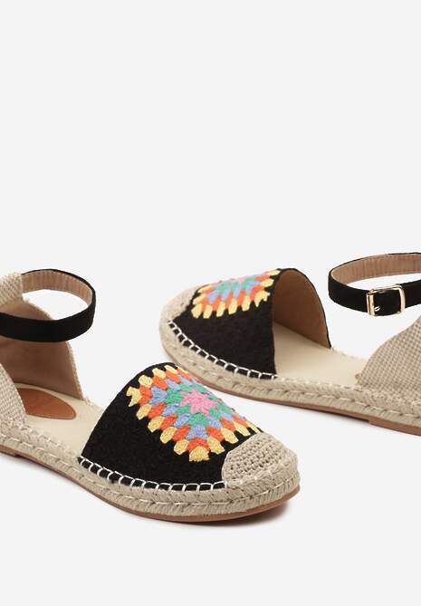 Czarne Espadryle na Płaskiej Podeszwie Zapinane na Sprzączkę z Plecioną Podeszwą Laveda