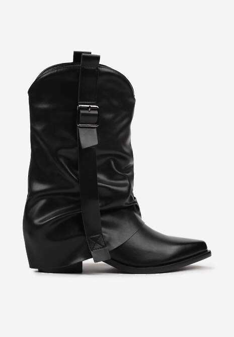 Czarne Botki Kowbojki z Wywiniętą Cholewką z Marszczeniem Ilova