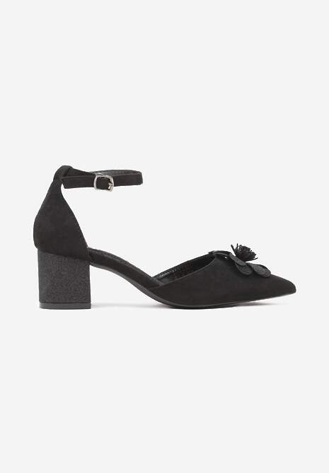 Czarne Czółenka na Słupku Vices ze Skórzaną Wkładką i Kwiatową Aplikacją z Brokatem Leandriel